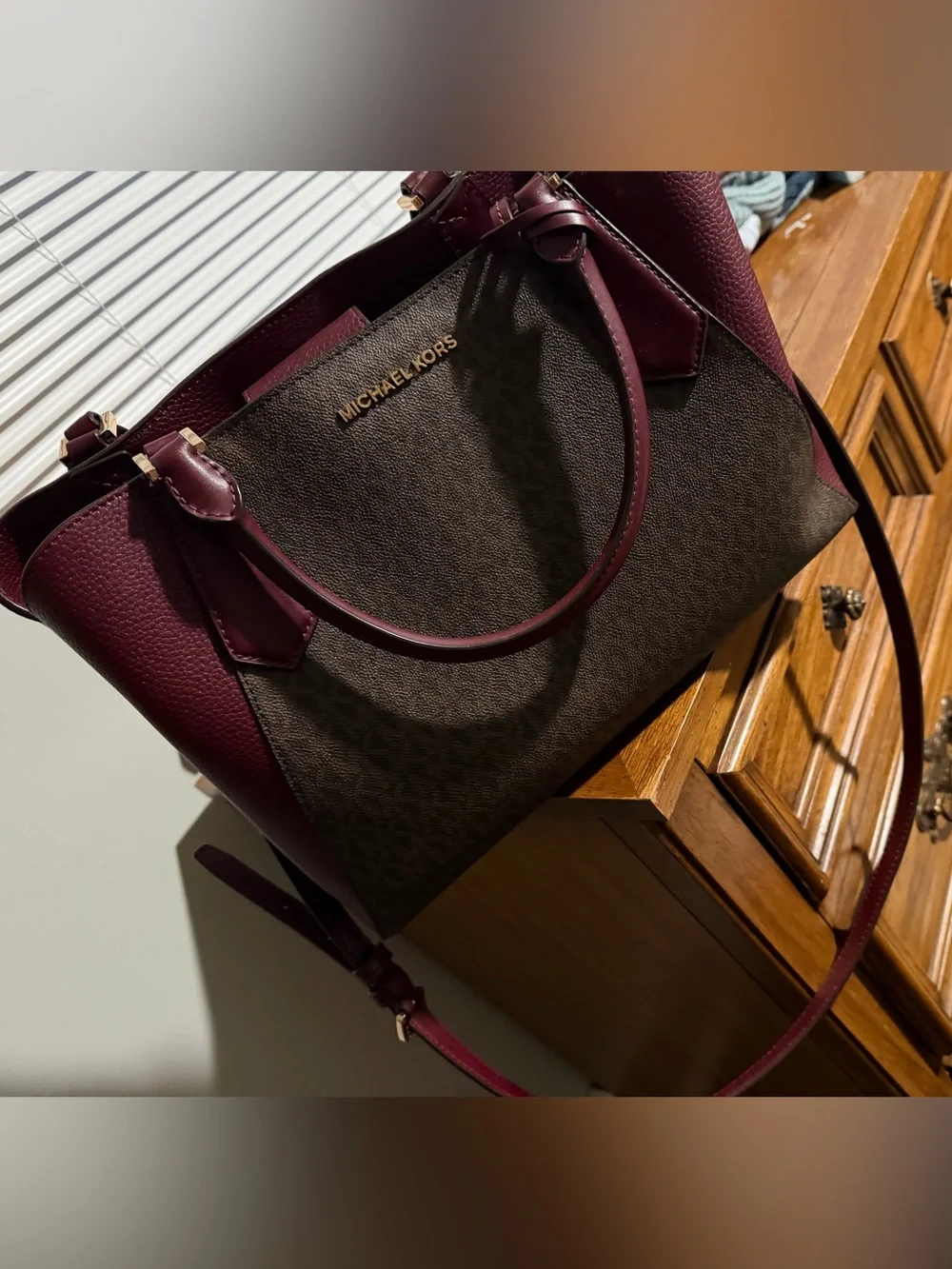Michael Kors Brown Logo Satchel with Burgundy Trim and Handles
